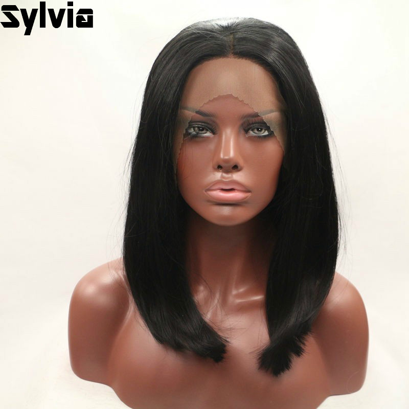 실비아 1b # 검은 머리 가발 짧은 밥 합성 레이스 프런트 가발 여성을위한 내열성 섬유 머리카락